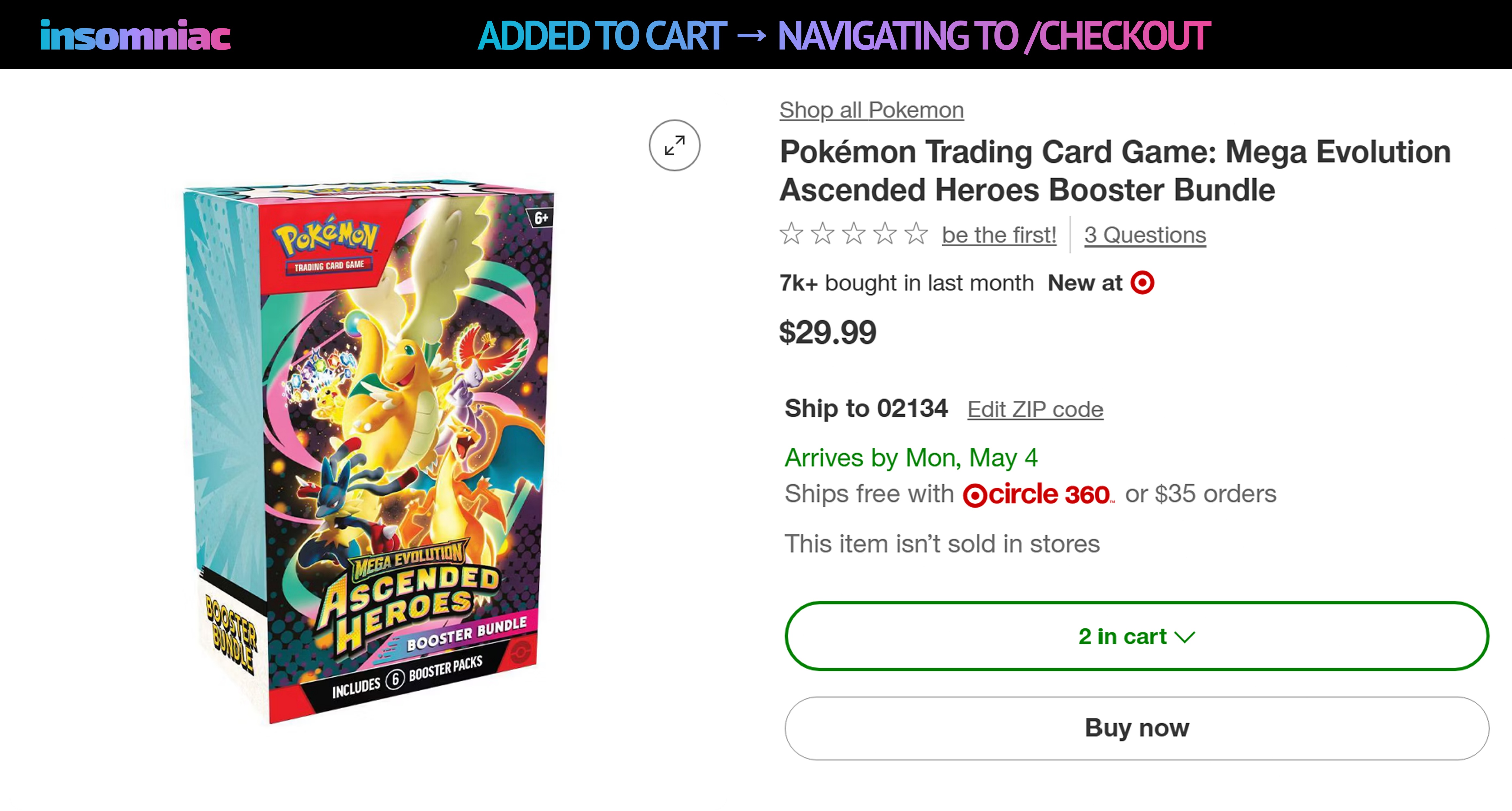 Insomniac driving a live Target checkout inside the user's real Chrome window, with 2 items already in cart and Buy now ready to click
