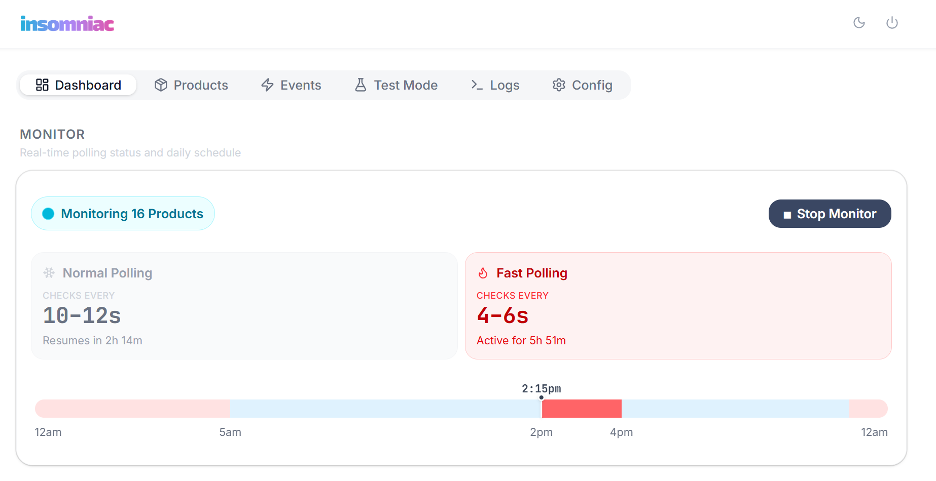 Insomniac Monitor dashboard showing polling status, schedule, and active fast-polling window