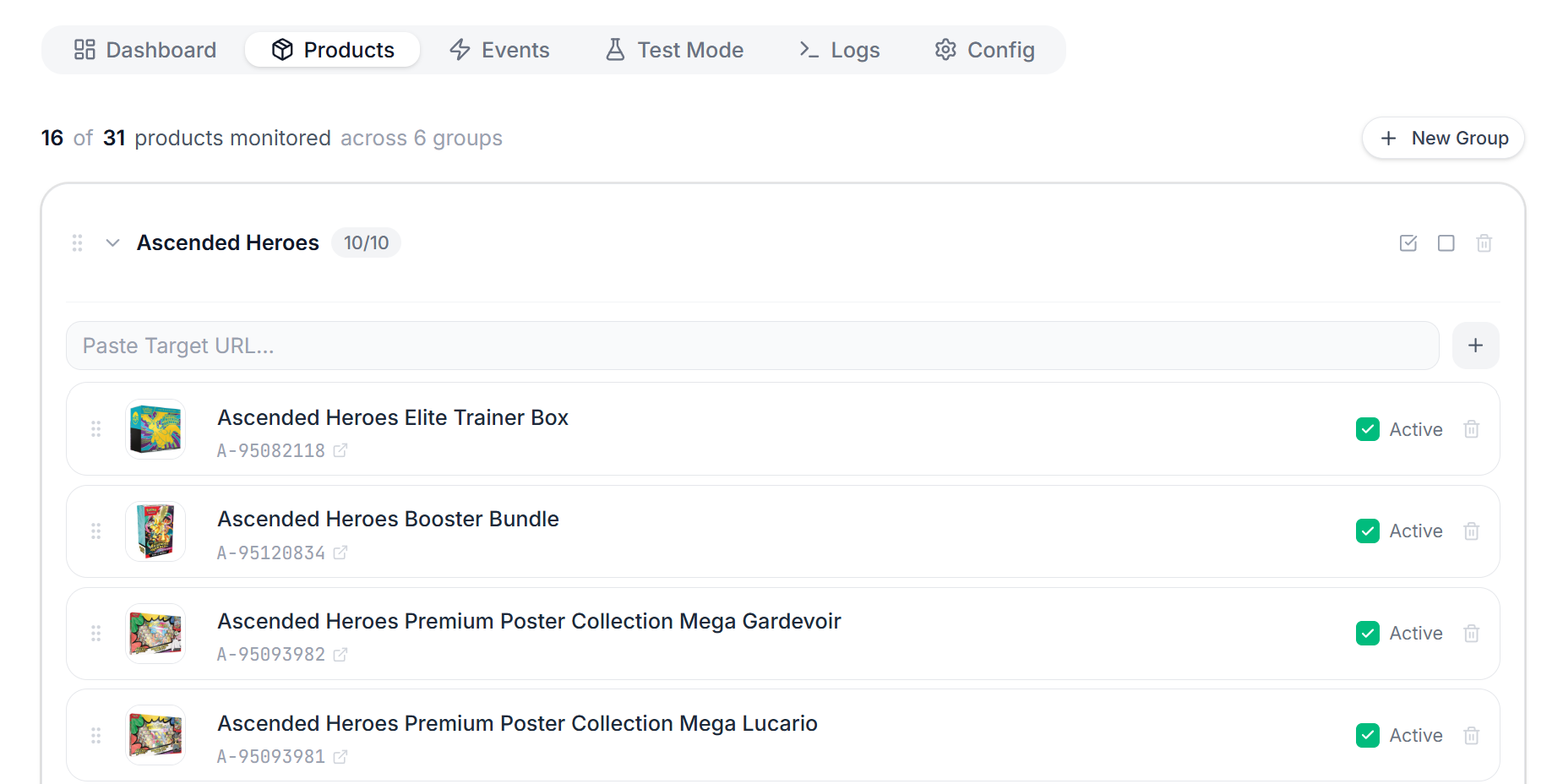 Insomniac Products tab showing drag-and-drop product groups, a paste-URL input, and active/paused toggles